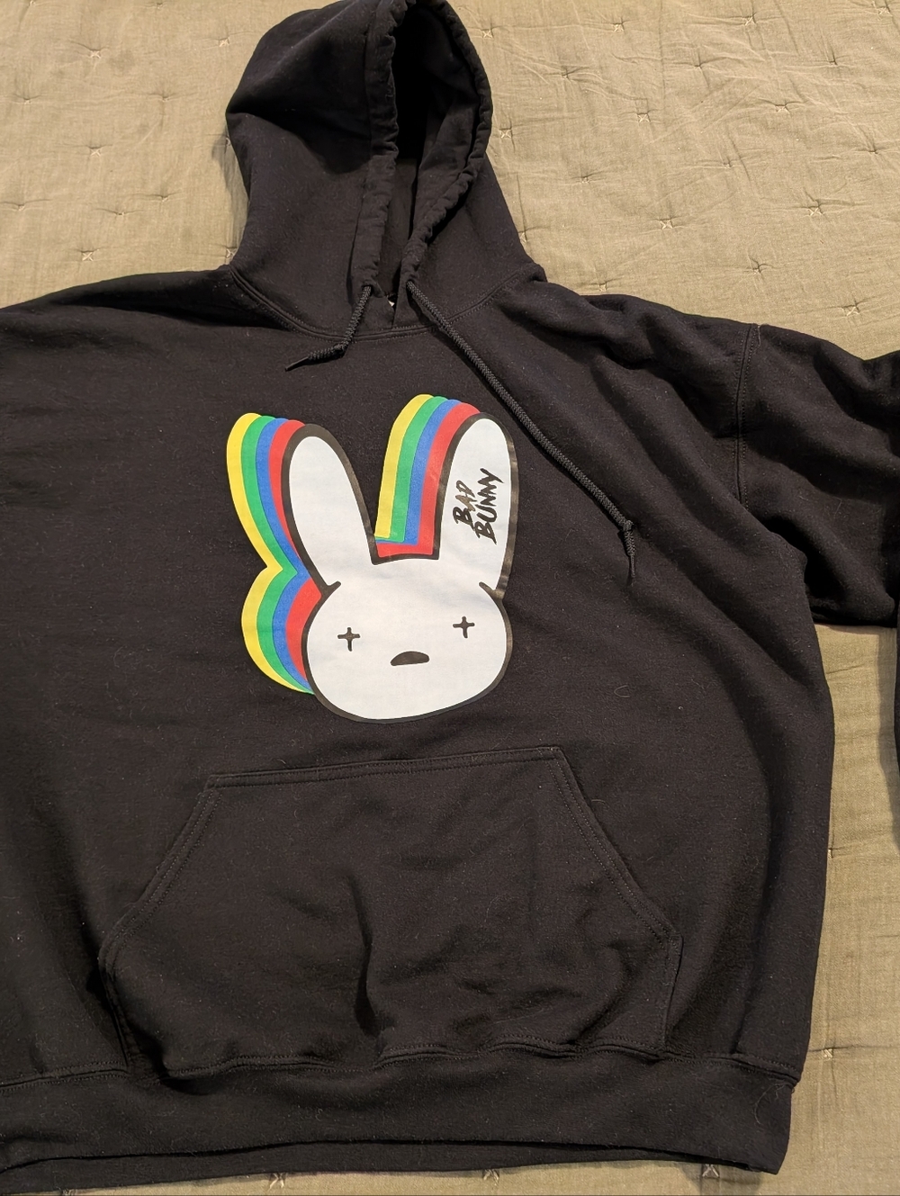 Black Bunny Graphic Hoodie with Rainbow Accent Size XL